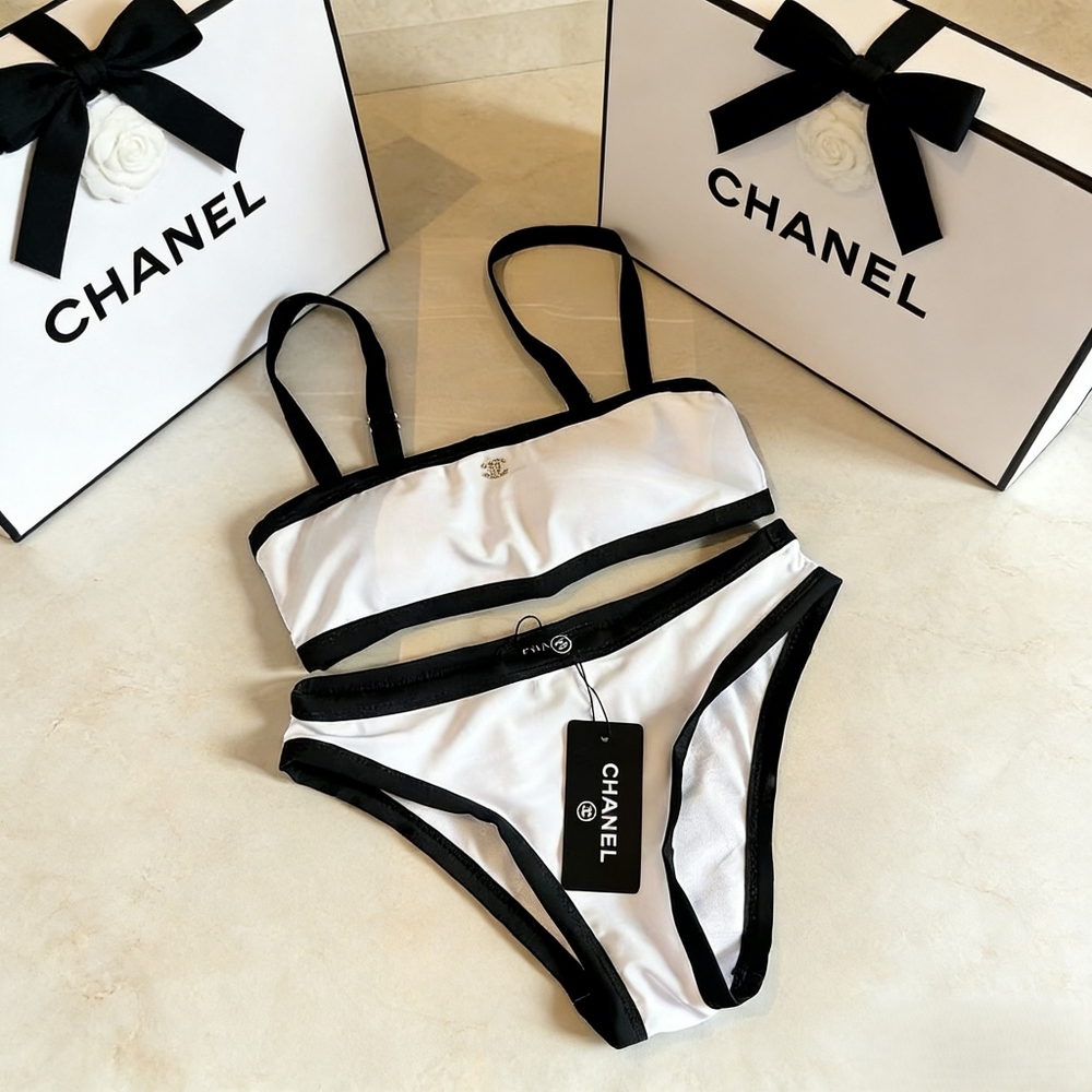 Chanel White Contrast Bikini Set